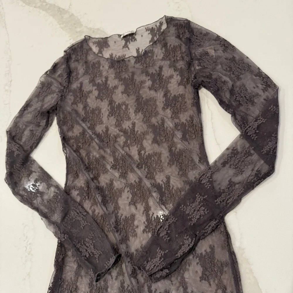 Free People NWT Lady Lux Maxi Sheer Lace Slip Dress Womens Medium Dark Gull Gray - Picture 5 of 10